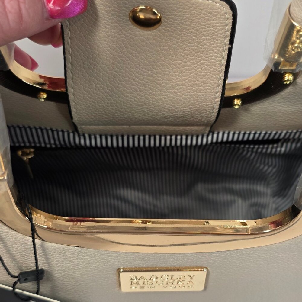 Badgley Mischka New York Top Handle Satchel Cream Gold Frame Structured Handbag - Picture 5 of 11